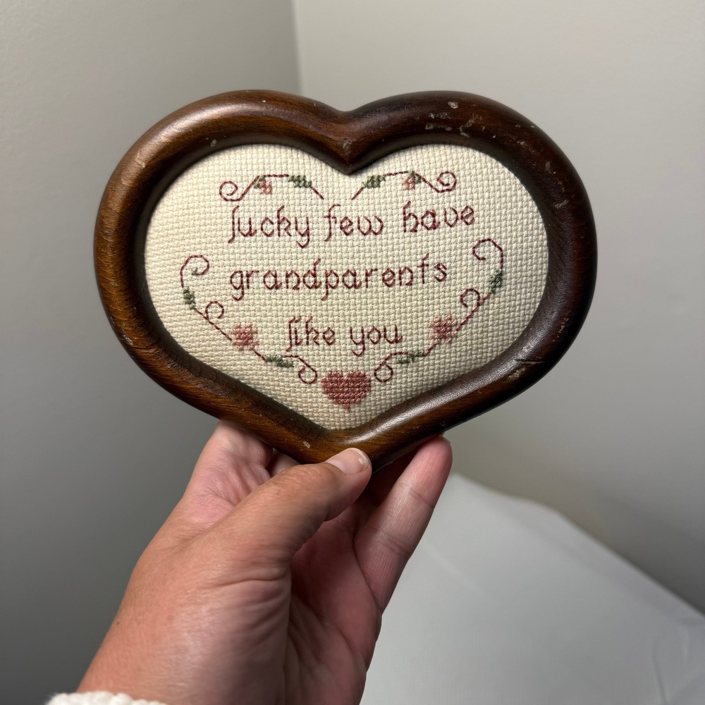 Vintage Cross Stitch Heart Wood Frame Grandparents Lucky Few Wall Plaque 80s